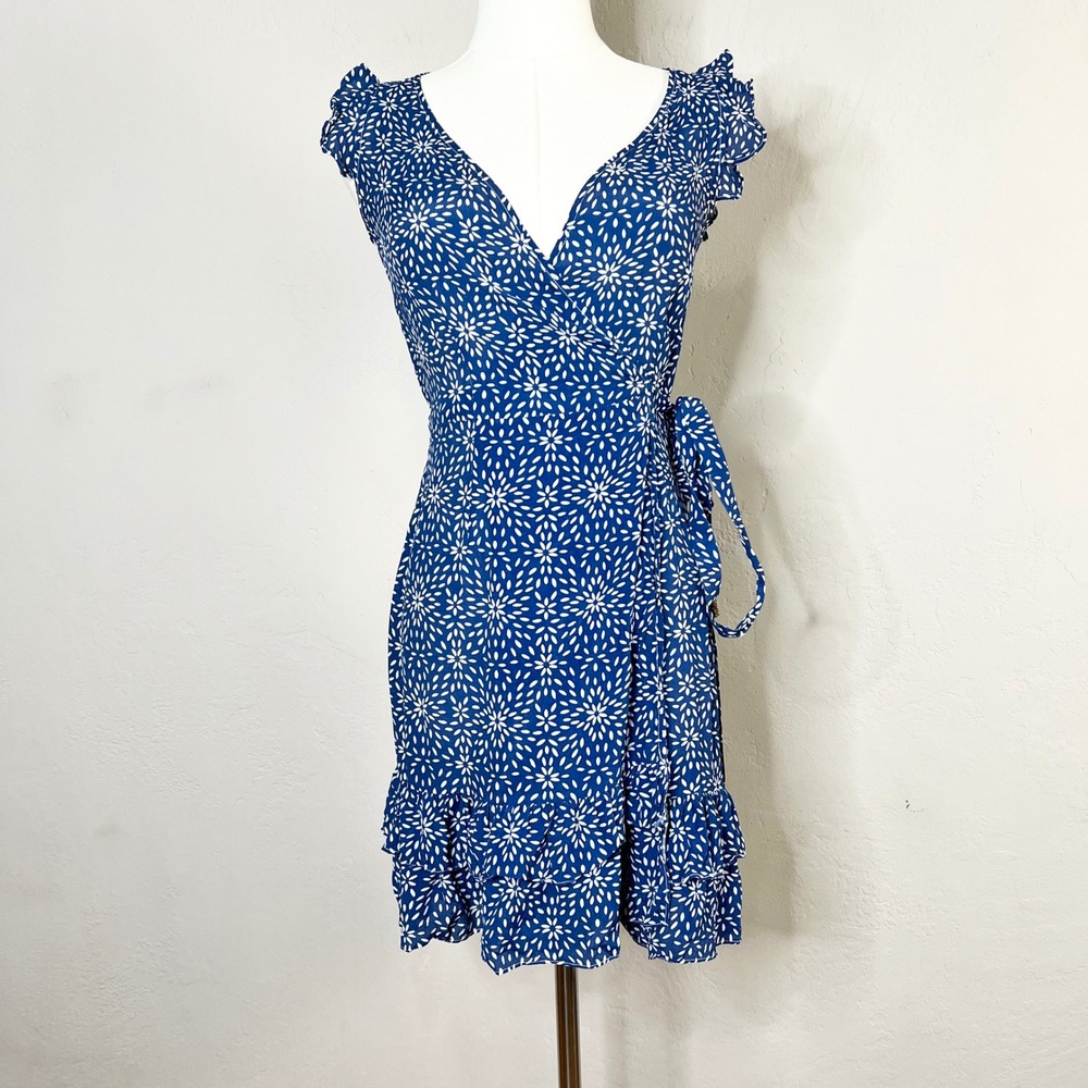 PALOMABLUE Wrap Dress Blue White Silk Starburst‎ Print Ruffle Sleeve Mini XS
